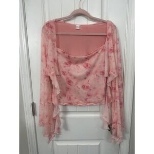Pink Floral Mesh Ruffle Long Sleeve Top Square Neck Rose Print Large Fairy